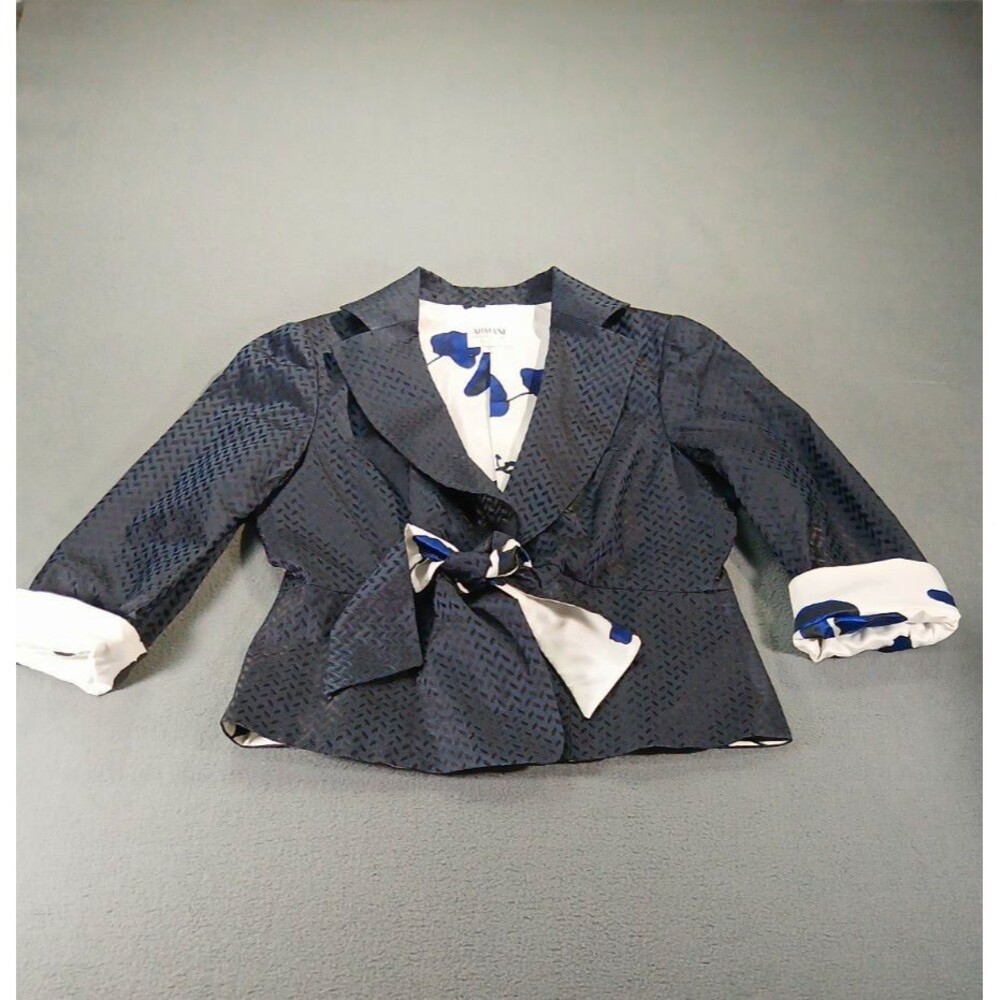 Armani Collezioni Blazer Womens 12 Tie Front Navy Floral Lining Made In Italy